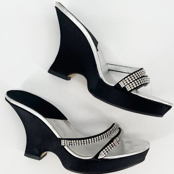 Dior Vintage Y2K Black Silver Crystal Logo Platform Wedge Sandal Mule EU 37.5 - Picture 4 of 15